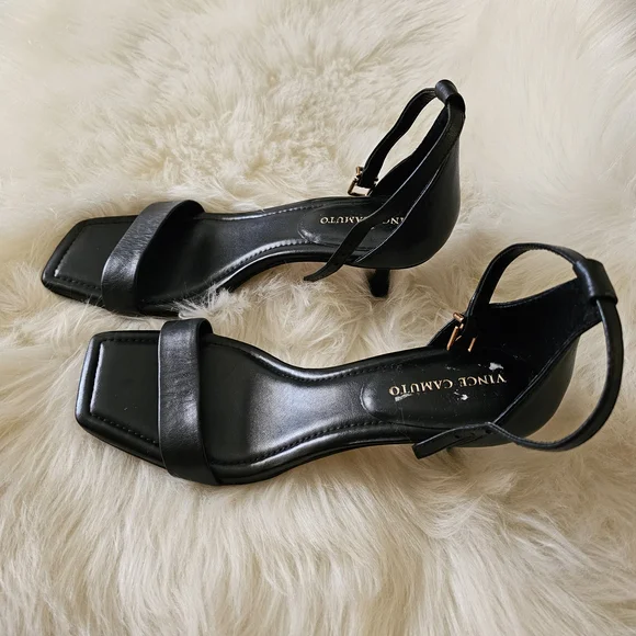 Vince Camuto Black Leather Ankle-Strap Kitten Heel Sandals - Picture 1 of 10